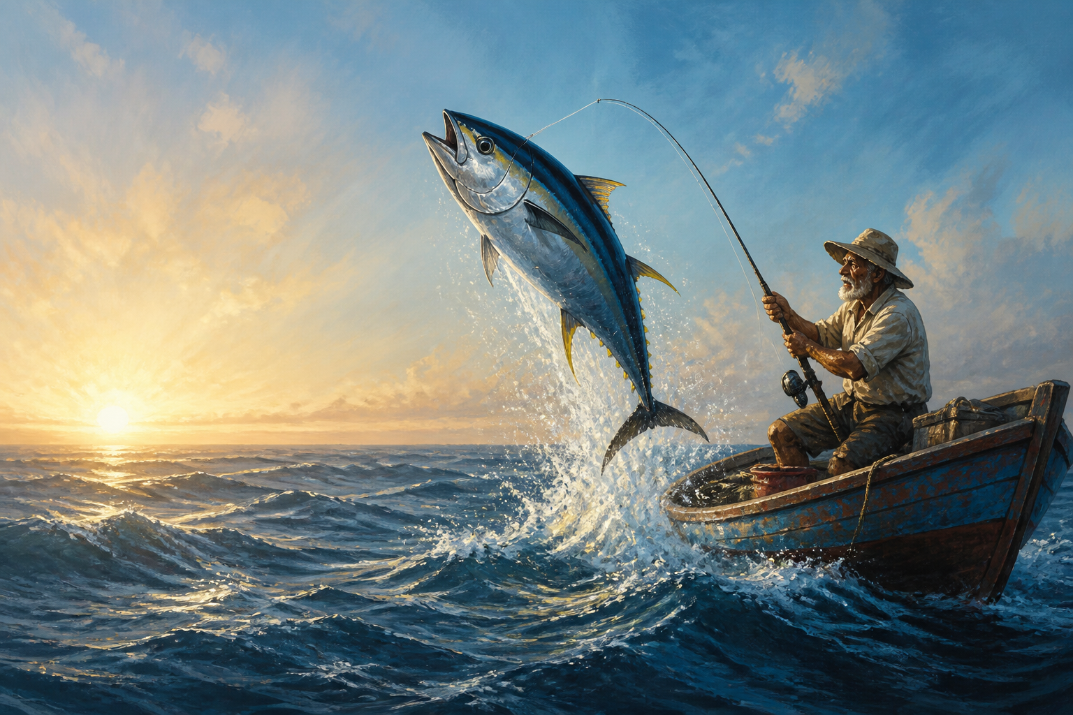 An elderly fisherman pulling a leaping bluefin tuna from the sea